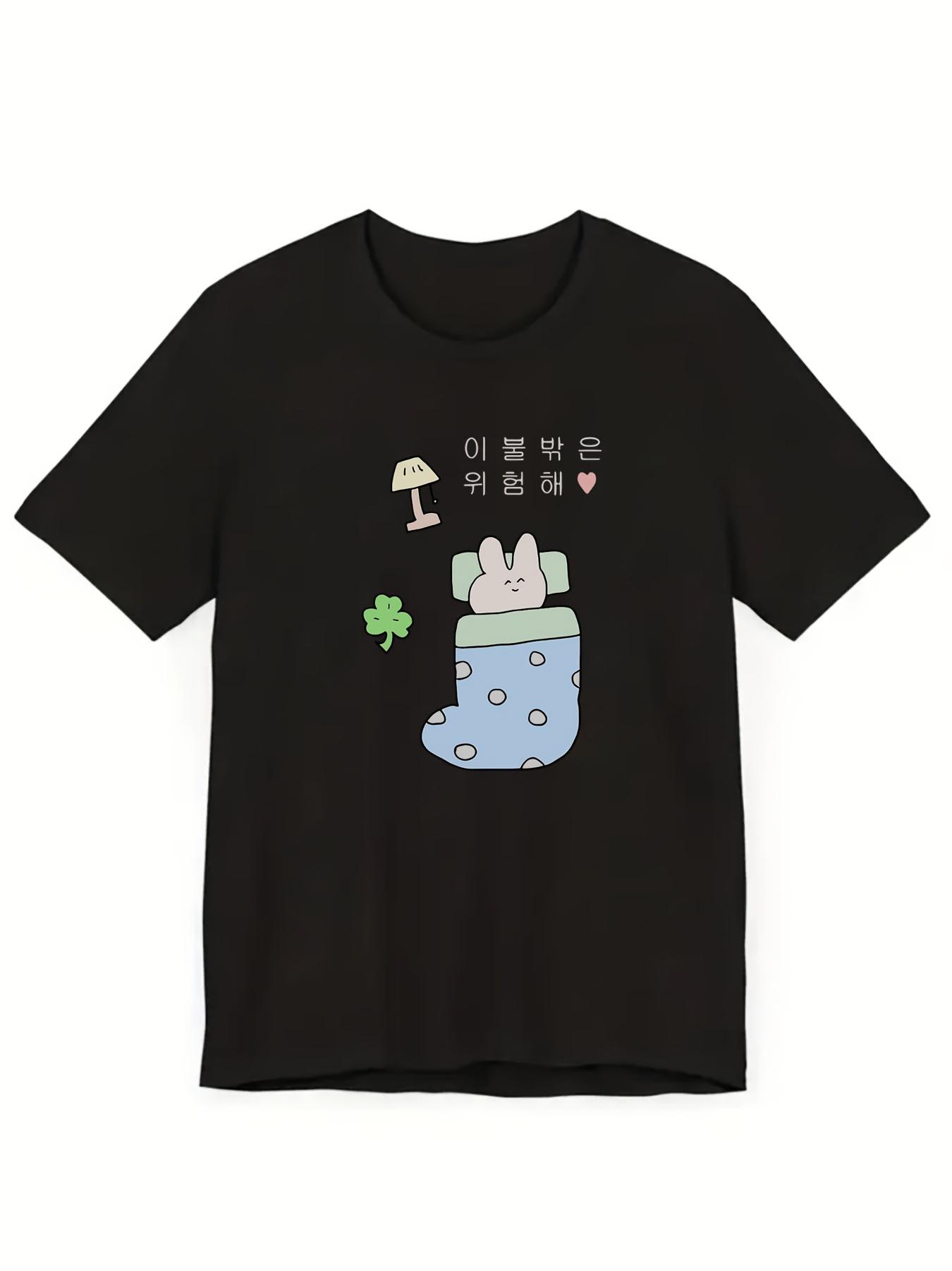 

Funny Korean Letter Print T Shirt Women Unisex Summer Casual Short Sleeve Crew Neck Loose Tee Harajuku Kawaii Sleeping Rabbit Top S