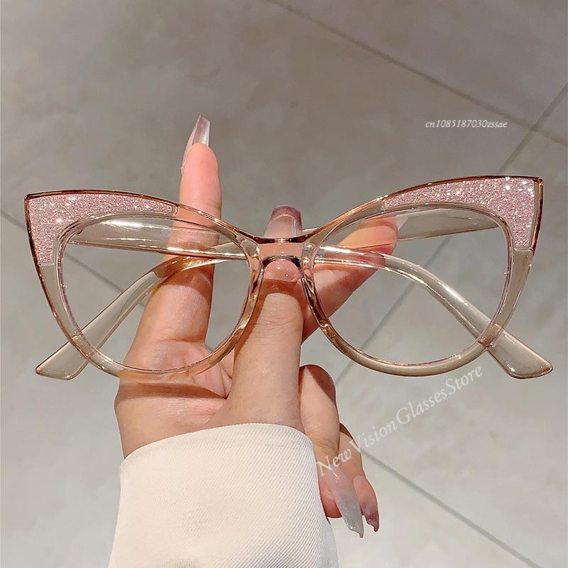Helenal Women's Blue/Light Fashion Cat Eye Multi Color Frame Trendy Crystal Shiny Glasses Non-Prescription Original Brand Design Eyewear