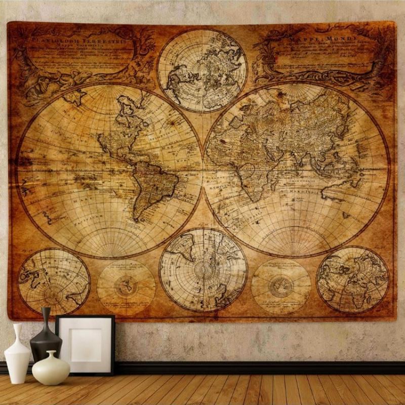 Old World Map Tapestry Wall Hanging for Guys, Vintage Pirate Map Wall Decor Nautical Map of the World Tapestries, Historical 70x100CM