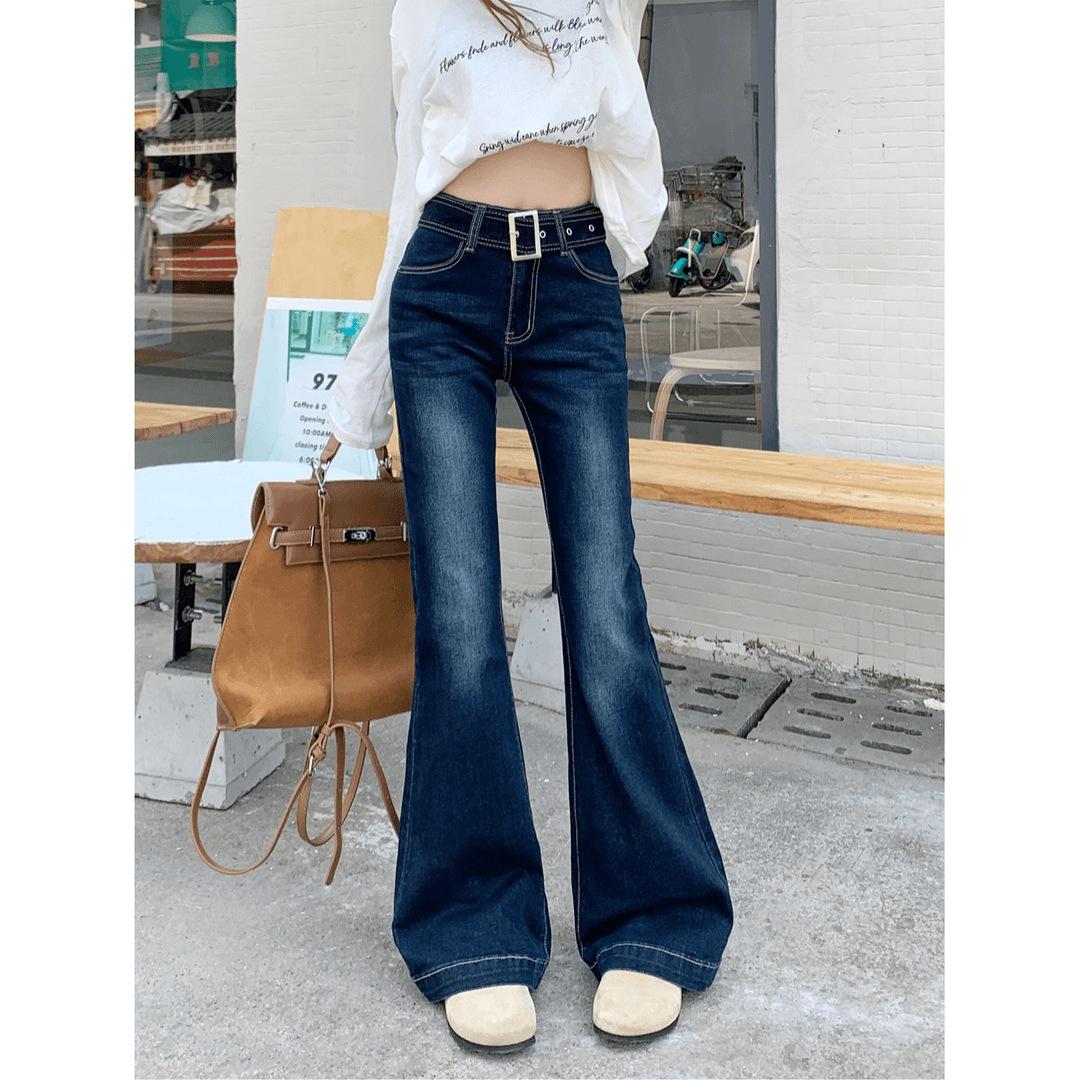 

Женские джинсы микро-клеш с высокой посадкой, сине-серые - Сверхпрочные, облегающие и универсальные для осени и зимы. XXL