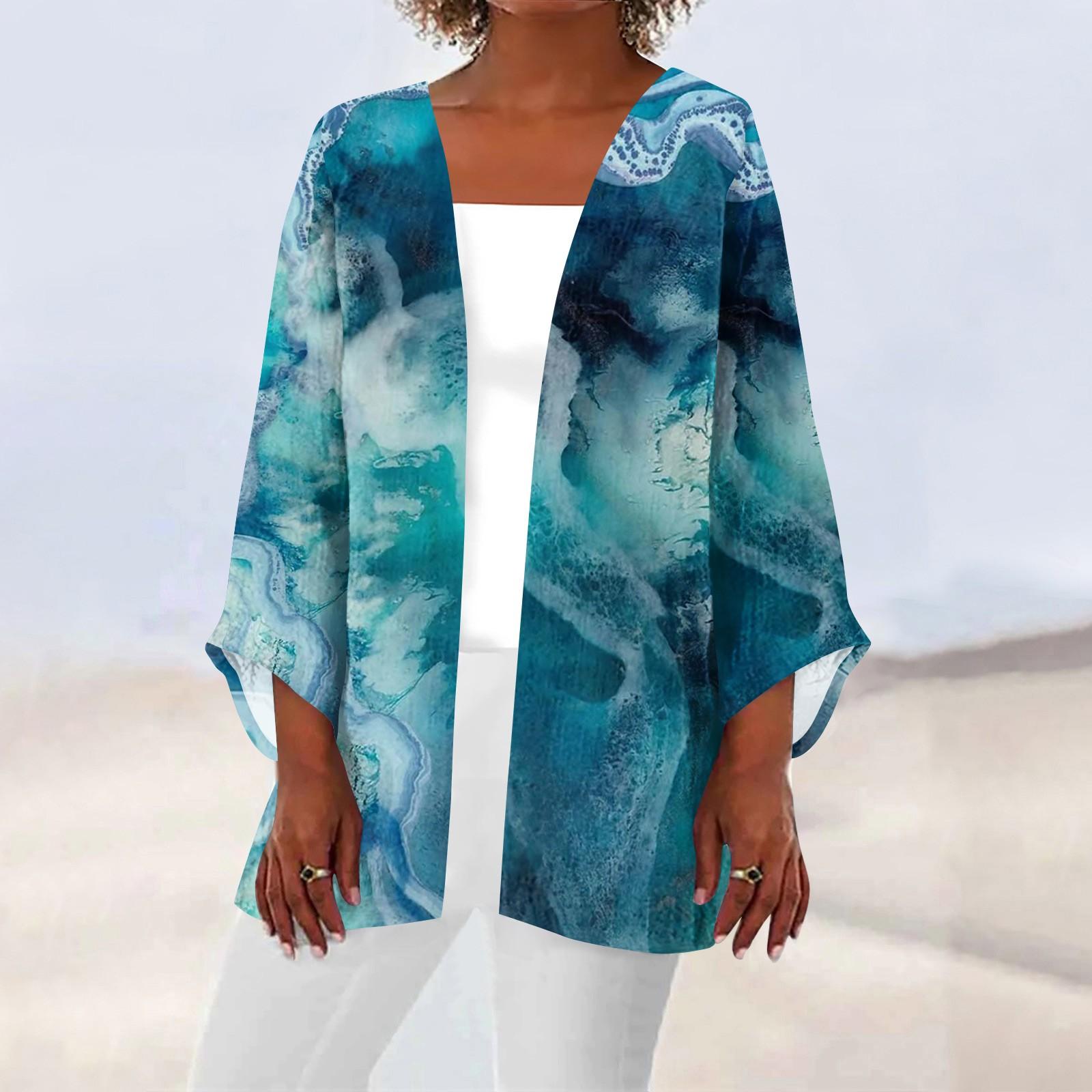 

Женская повседневная модная легкая куртка средней длины с принтом в стиле ретро, ​​кардиган L синий