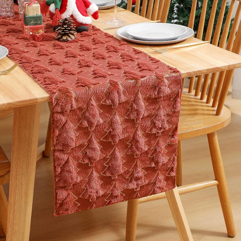 Christmas Tablerunner Rectangular Plush Faux Soft Trees Green Washable Seasonal Table Cover for Party Picnic Dinner Decor