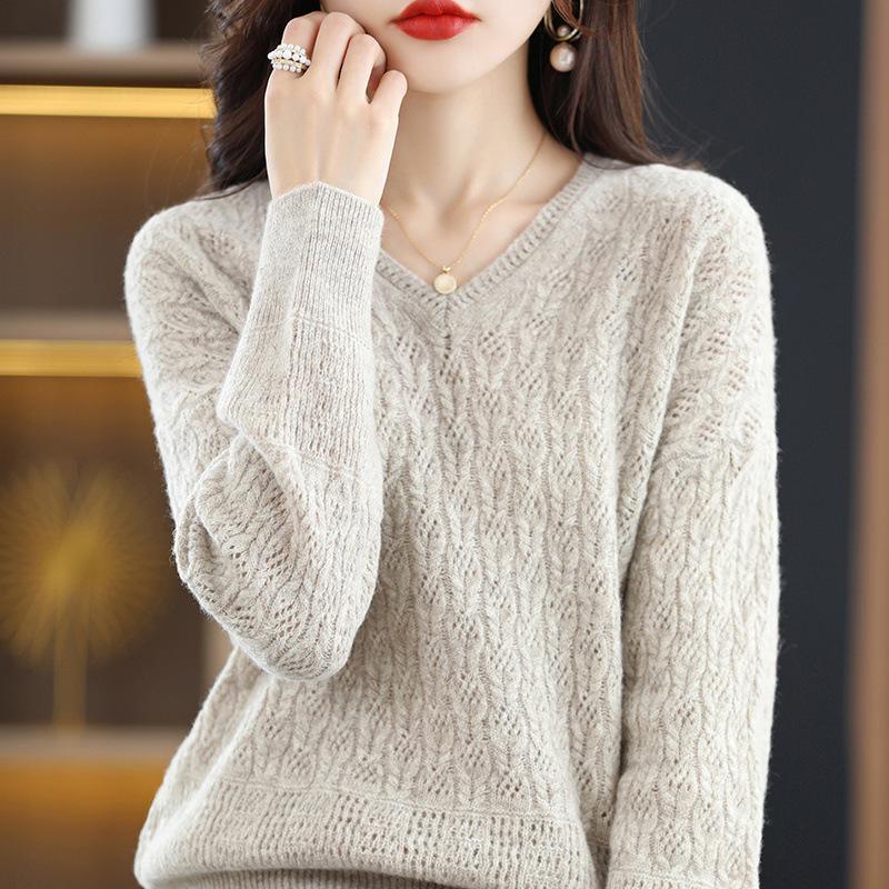 Women's Cashmere Loose Knit Sweater V2023 - Hollow-Out Pullover with Pure Wool Collar
