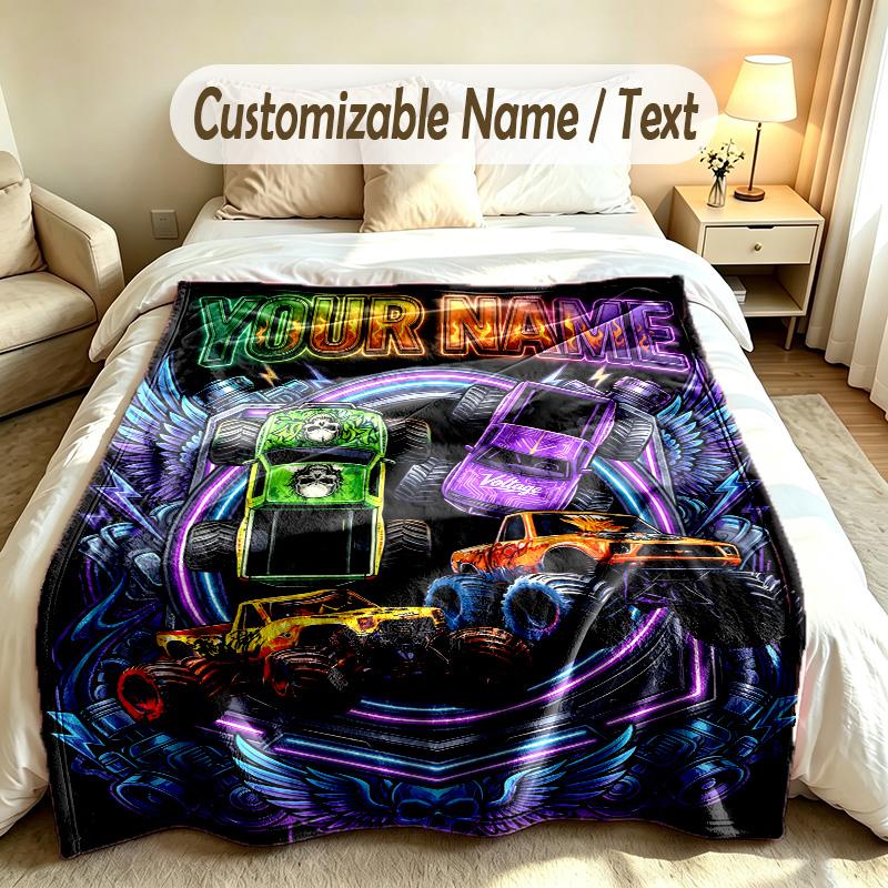 Coperta Personalizzata Tema Monster Truck Nome e Testo Personalizzati Morbida Calda Coperta da Divano Decorazione per la Casa