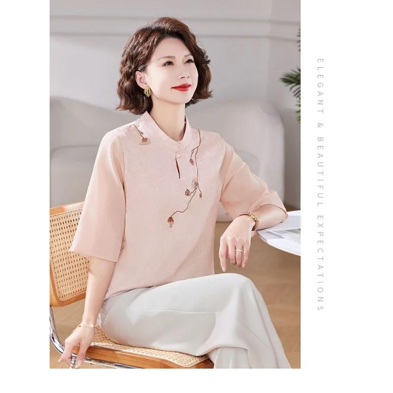 Dámská halenka v čínském stylu s mandarínským límcem, krátkým rukávem, vyšívaná, šifonová, ležérní, elegantní top