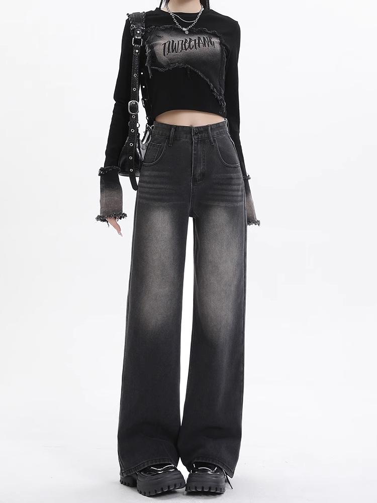 

Женские 2025 Черные Флисовые Джинсы с Высокой Посадкой Свободного Кроя Прямого Силуэта 5XL