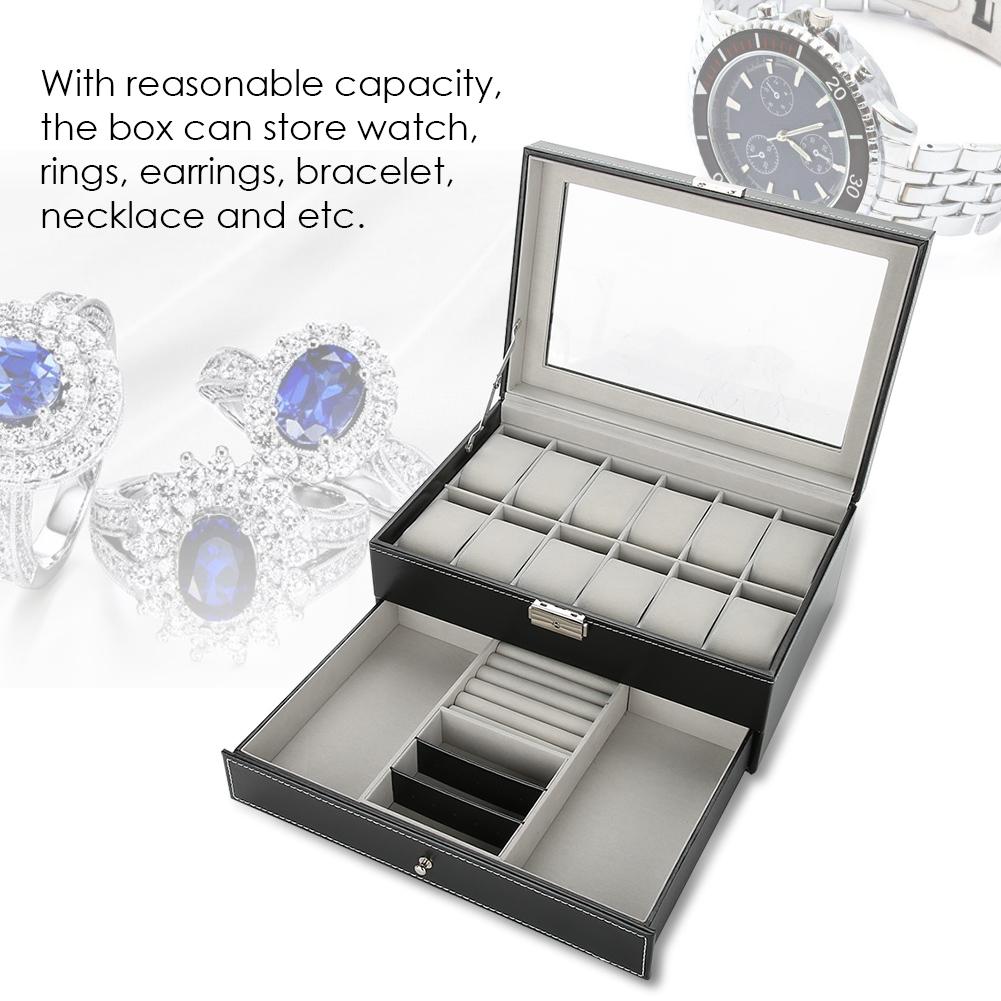 Double Layer PU Lther Wood Watch Holder, Watch Display Case Jewelry  Storage Box, Wristwatch Display Case for Rings rrings Bracelet Necklace 11.8 X 8.
