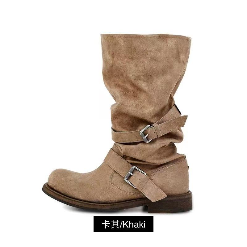 2025 Autumn/winter New Long Leg Women's Boots Round Toe,Pleated Belt Buckle Thick Heel, Western Cowboy Boots, Mid Women Boots