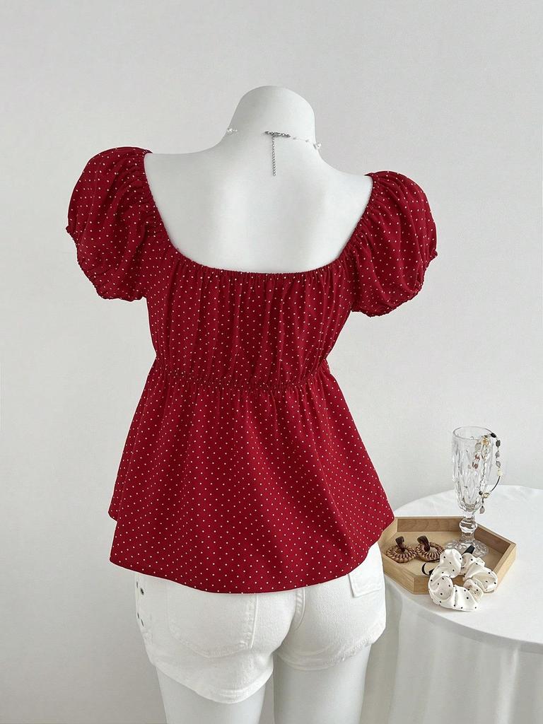 Top de Verano para Mujer con Lunares, Mangas Abullonadas, Efecto Adelgazante, Cintura Ceñida y Cuello Redondo