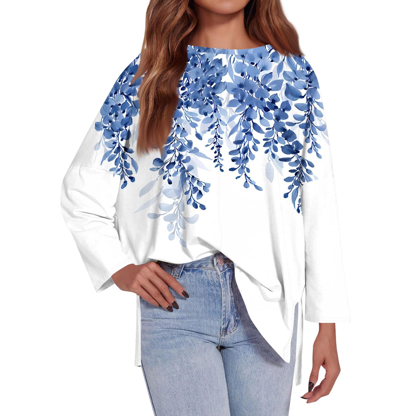 

Женская модная свободная футболка большого размера с круглым вырезом, длинным рукавом, разрезом сбоку, повседневным принтом в стиле ретро с цветочным принтом M синий