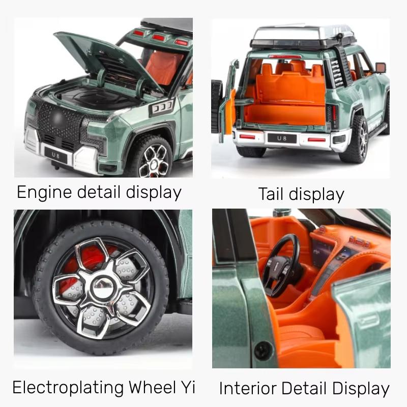 1:24 BYD U8 SUV Terrengkjøretøy Legering Mikrobil Støpt Metall Skalamodell Lyd og Lys Leketøy for Barn Gutt Samlerobjekter Ornamenter