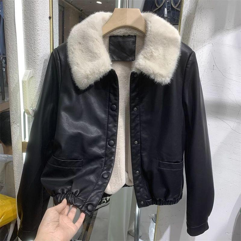 New fleece thickened short leather jacket fashion autumn and winter coat small fur collar leather jacket