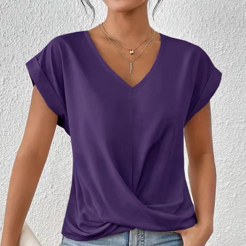 Women's Solid Color V-neck T-shirt Elegant Short-sleeved Blouse Spring and Summer Casual Women's Clothing