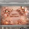 2D Elegant Rose Gold Birthday Backdrop Banner Blush Pink Floral Happy Birthday Party Decor Background