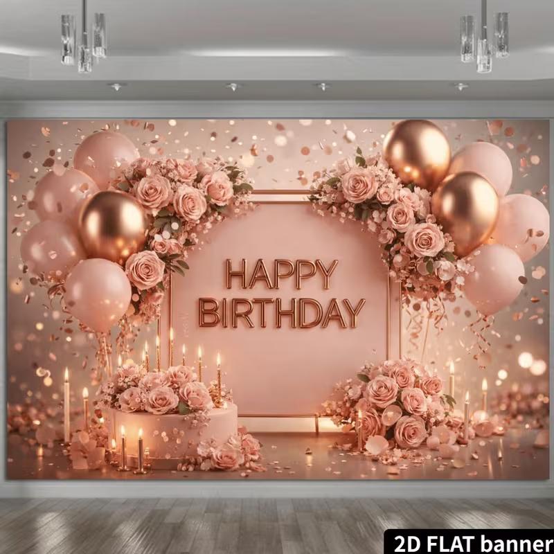 2D Elegant Rose Gold Birthday Backdrop Banner Blush Pink Floral Happy Birthday Party Decor Background