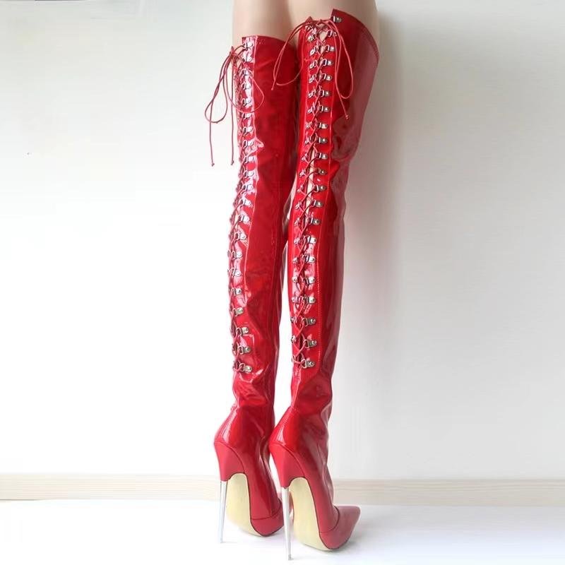 Fashion FHC 18cm High Heels Damen Overknee-Stiefel,Fetisch Bühnenshow Pole Dance Schuhe,Herren Cosplay Botas,Über dem Knie,Rot,Benutzerdefinierte Farben