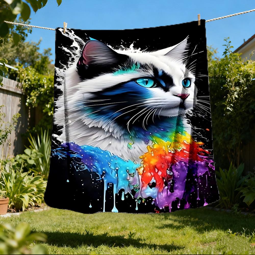 1pc Colorful Cat Outdoor Blanket - Soft Flannel Cozy for Travel & Camping - All-Season Warm Bed Cover, Machine Washable yy251229082