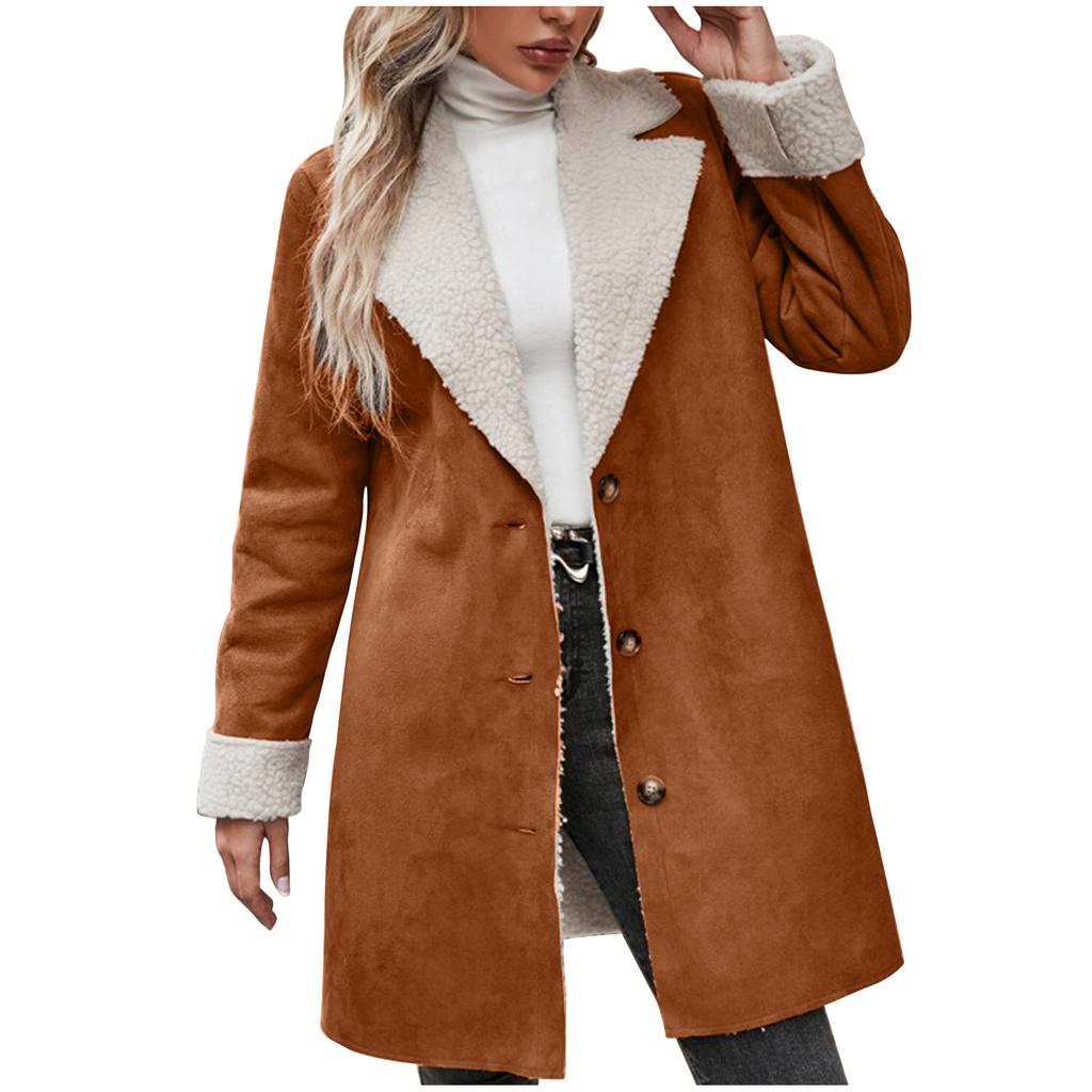 Women's Long Plush Lined Suede Coat with Fur Trim and Metal Buttons In Multiple Colors