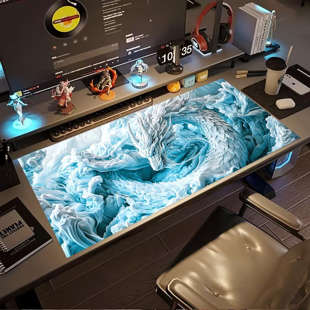 Oriental Ice Dragon Desk Mat Chinese Myth Gaming Mouse Pad Non Slip Rubber Extended Keyboard Laptop Office Workstation Pad
