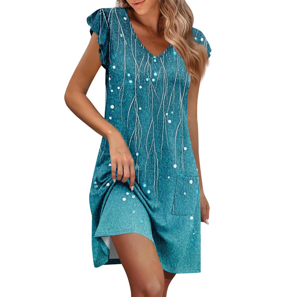 Abito Estivo da Donna Manica a Volant Scollo a V Abiti Corti Moda Casual Ampio A Linea Svasato Abito da Sole con Tasca