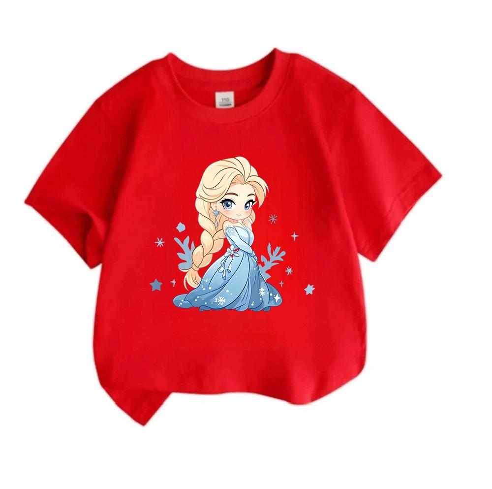 Kids Boys Girls Crew Neck Short Sleeve T-Shirt, 100% Cotton Cute Cartoon Ice Princess Print Casual Soft Tees for Toddler Children Daily Wear Summer Ba