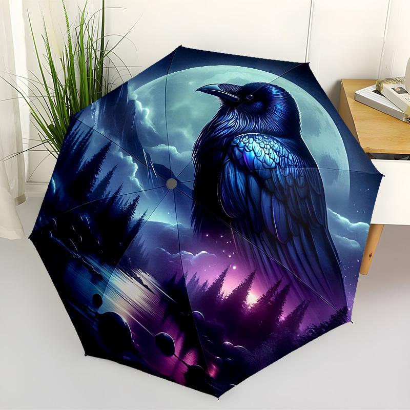 1pc Moonlit Raven Night Automatic Folding Umbrella, 8 Ribs Iron Frame, Suitable for Outdoor Travel and Daily Use Yy251120247