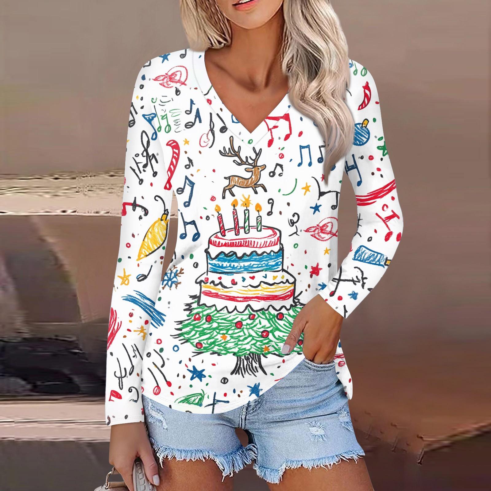

Женский повседневный модный сексуальный удобный рождественский принтованный топ с V-образным вырезом и длинными рукавами M