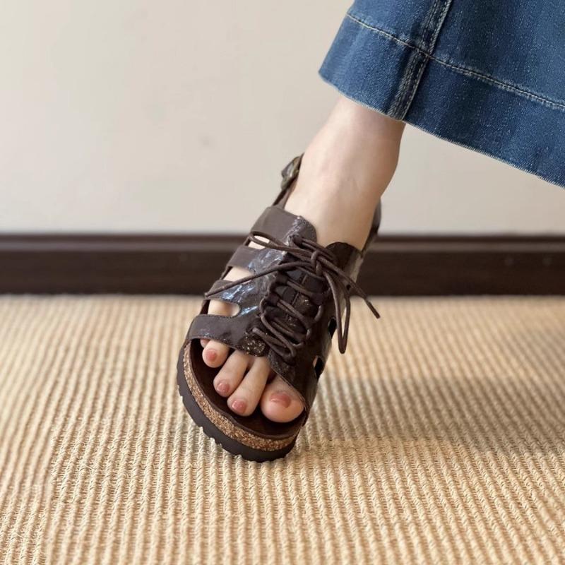 4 heightening new hollow lace-up leather shoes for women to wear retro round head versatile thick-soled beach sandals