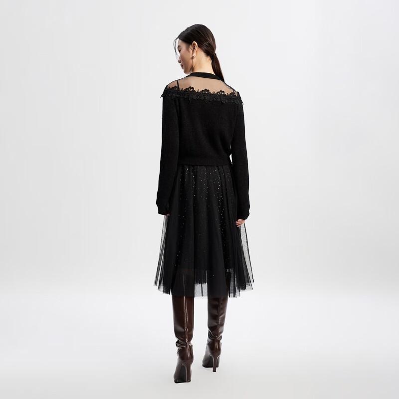 Veromoda Damska dzianinowa sukienka swetrowa z okrągłym dekoltem, z siateczkowymi wstawkami patchworkowymi