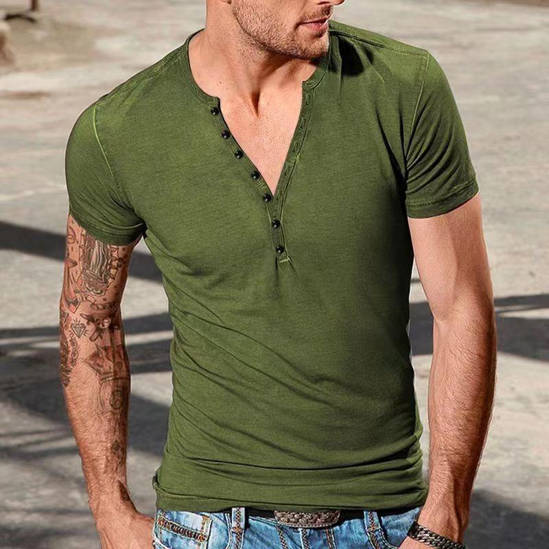 European and American semi-cardigan, casual short-sleeved digital printing slim-fit pullover Henry T-shirt top men's clothing