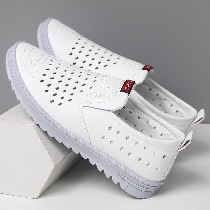 Hollow leather shoes men's summer breathable soft leather lowtop business leisure onepedal hole dad men's shoes