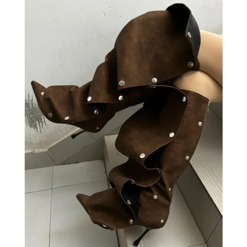 High Heel Long Boots for Women Botte Winter Boots Shoes Botas Mujer Thin Heeled Pointed Denim Metal Button Shoe Zapatos De Mujer