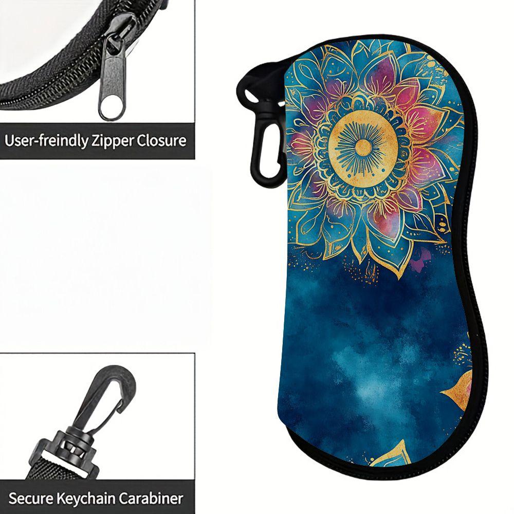 2D-Boho Floral Mandala Print Zipper Sunglasses Case, Protective Eyewear Storage Box, Lightweight Travel Glasses Holder for Women Girls Gift