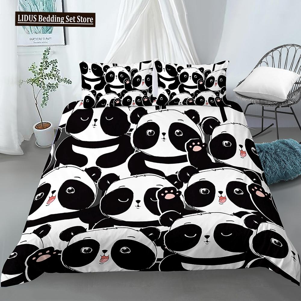 Panda Polyester Duvet Cover Set White Black Cartoon Animals Heart Flowers Printed King Queen Twin Size For Kids Boys Girl Teen