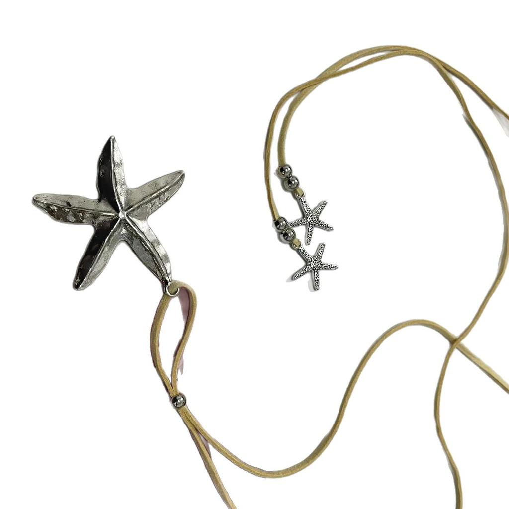 Bohemian Alloy Starfish Pendant Necklace, Fashionable Retro Exaggerated Personality Leather Collarbone Chain Necklace