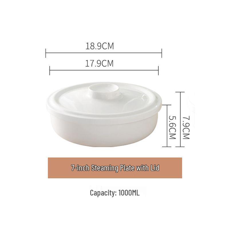 Bone China White Ceramic Steamer Basket with Lid: Deep Steaming Plate for Rice and Dishes