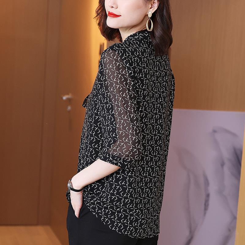 Damen-Chiffonbluse mit Schleife, große Größen, Sommer, halbe Ärmel, V-Ausschnitt, Schwarz, lässiges Oberteil, Pullover, locker, Vintage-Mode