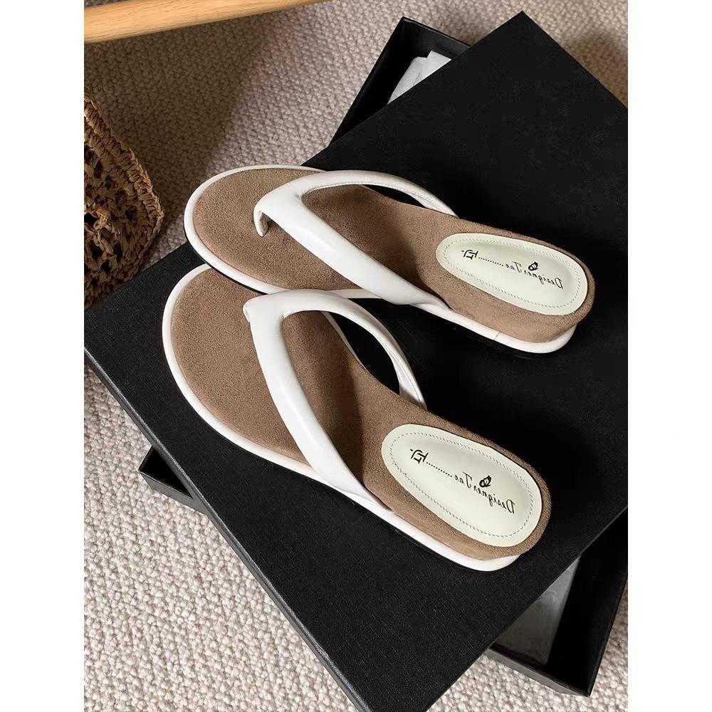 

Sheepskin retro thick-bottomed versatile outer wear clip-on flip-flops simple round head open-toed leather sandals 35