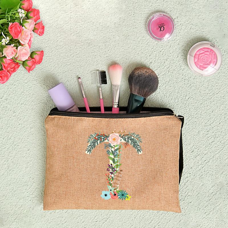26 Letters Floral Women Cosmetics Woman Zipper Pouch Fashion Women Linen Cosmetic Bags Travel Portable Makeup Bag Cosmetic Bag