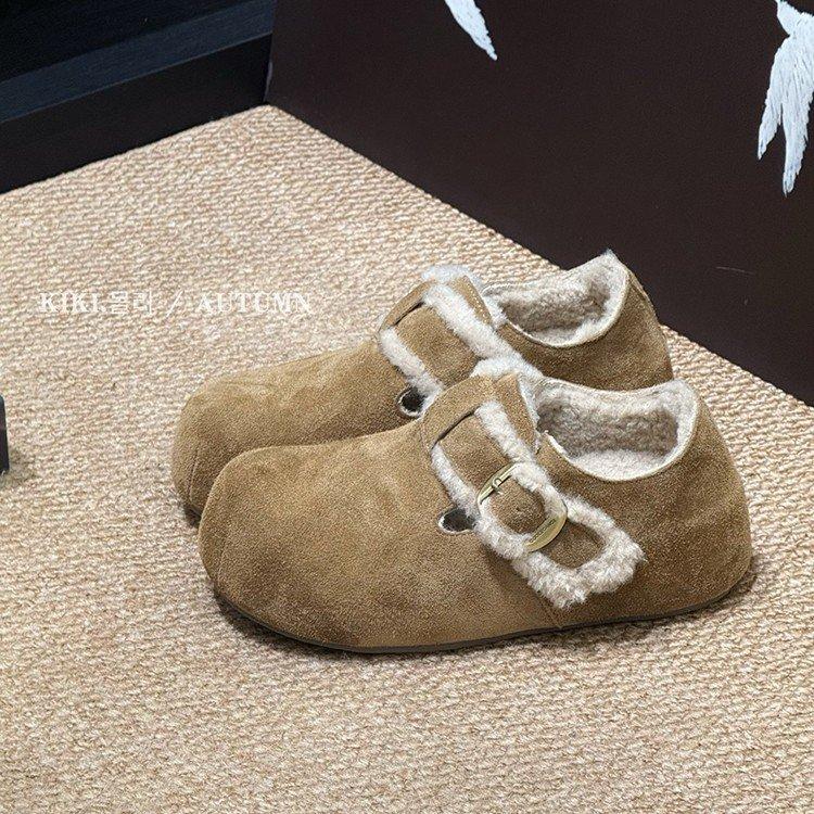 Autumn and winter new long fluff Boken shoes 2025 retro inner height increase thick sole one pedal bag head shoes velvet cotton shoes women