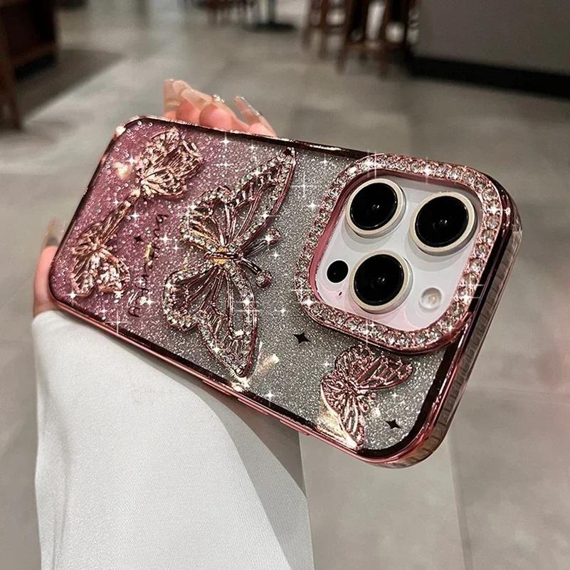 Plating Women Girl's Diamond Butterfly Phone Case for iPhone 17 16 11 12 13 14 15 Pro Max Plus Transparent Soft Silicone Cover