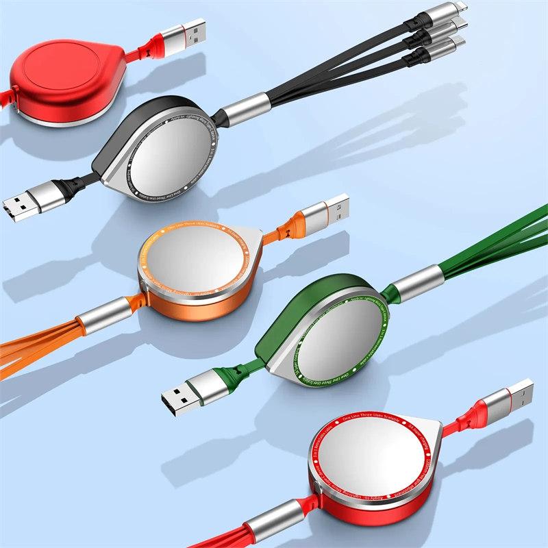 3 In 1 Multi Retractable USB Phone 5A Fast Charging and Data Cable for Iphone/Android/Type-C