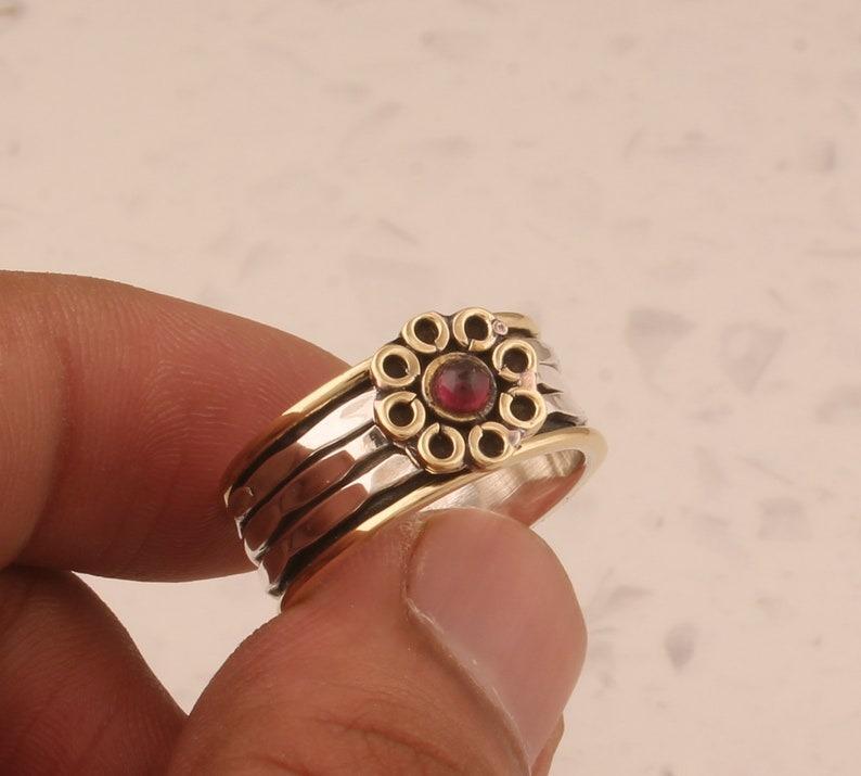 Garnet Gemstone Spinner Band Meditation Ring Handmade Designer Ring, 925 Sterling Silver Ring, Fidget Ring