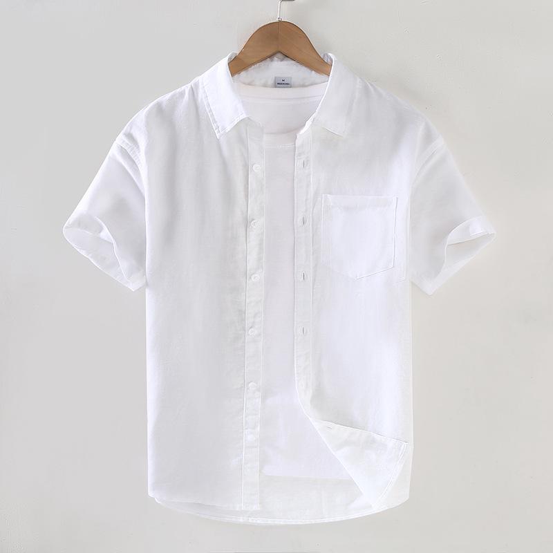Men's Summer Cotton Linen Pocket Cardigan Square Collar Short Sleeve Casual Shirt