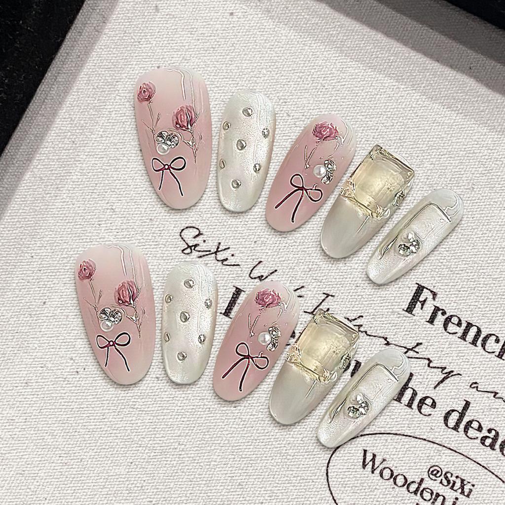 10Pcs Pearl Bowknot Artificial Nails With Rhinestones For Women