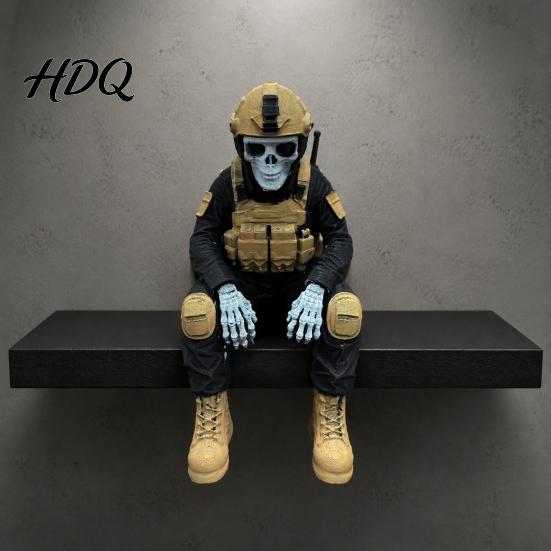 PLA Resin Soldier Model Skeleton Hero Shelf Sitter Ornament 3D Printed Figurine Gothic Desk Ornament Tactical Warrior Sitting Statue for Bookshelf
