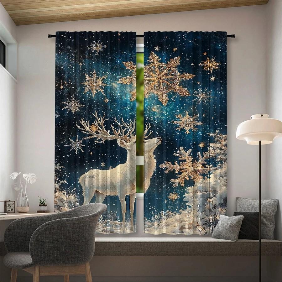 2pcs Sparkling Snowflake Deer Curtain   Winter Window Decor   Polyester Rod Pocket Drapes   Home Decor