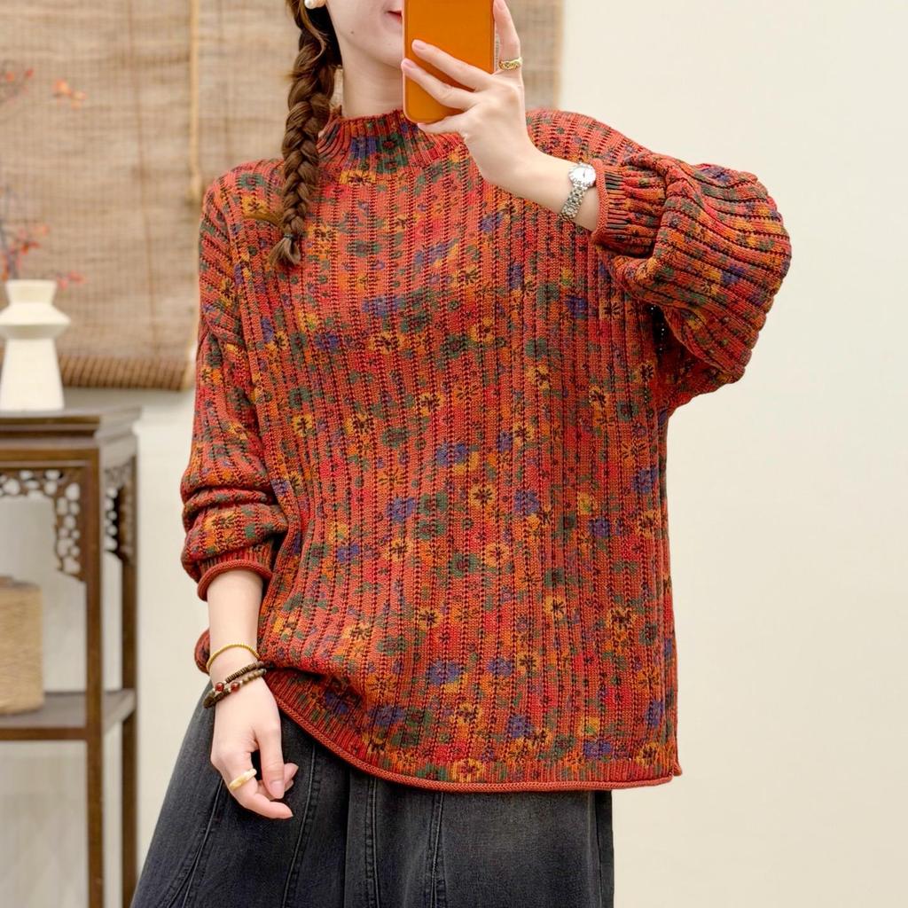 Women's Plus Size Floral High Neck Sweater - Autumn/Winter 2025 Relaxed Fit