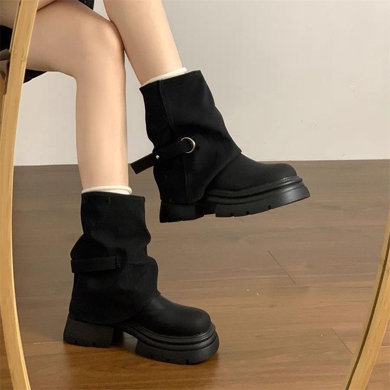 Britischer Stil braune kurze Martin-Stiefel Winter neu Retro kleine runde Spitze dicke Sohle Hosenstiefel