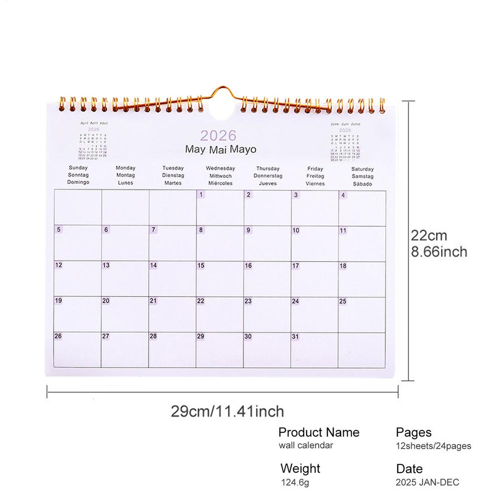 Decorative Multilingual Coil Calendar 2026 Wall Calendars 12 Month Modern Decorative Planner For Bedroom Dormitory Apartment